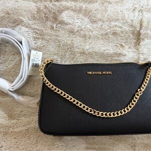 Michael Kors Black Jet Set Travel  Mediumpouchette with Gold Chain Accent NWT